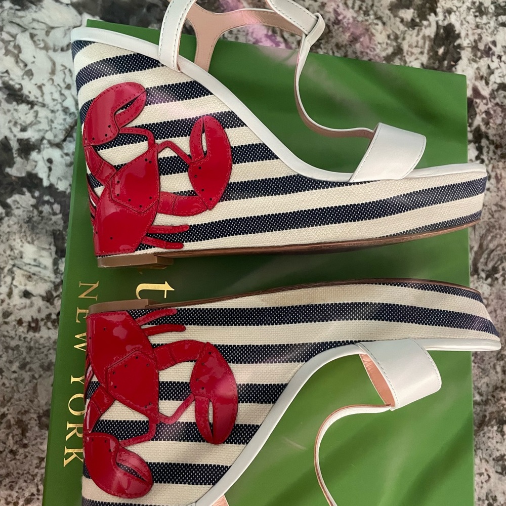 Kate Spade wedge wedges lobster 9.5 Striped Wedge Sandals Red Lobster LEATHER